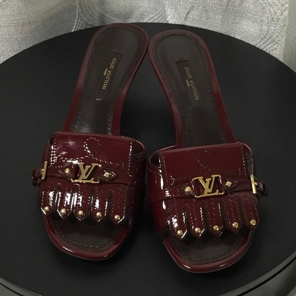 Louis Vuitton Shoes - Louis Vuitton Burgundy Patent Leather Slide Mules with Gold Hardware